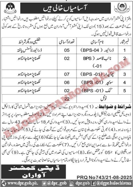 Deputy Commissioner DC Office Revenue Awaran Jobs 2025