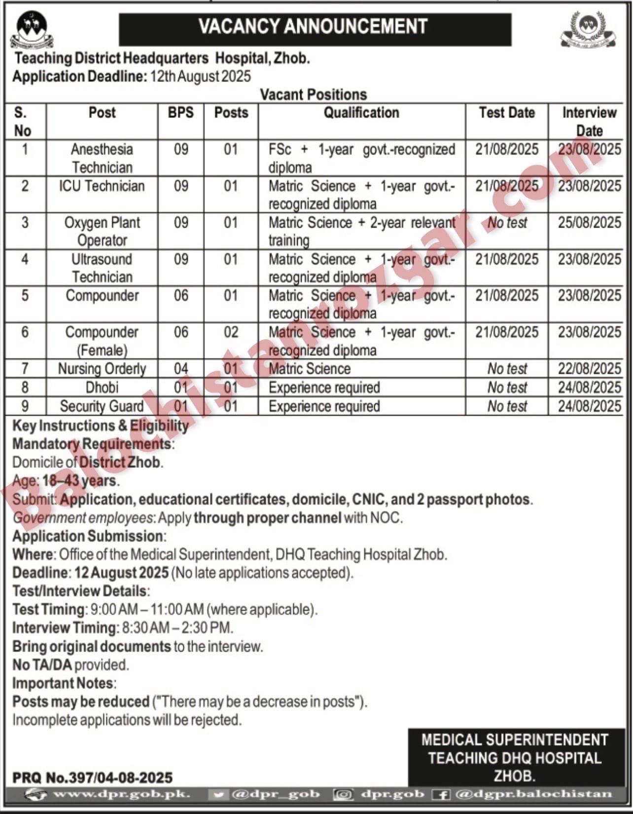 District Teaching Hospital Zhob Jobs 2025