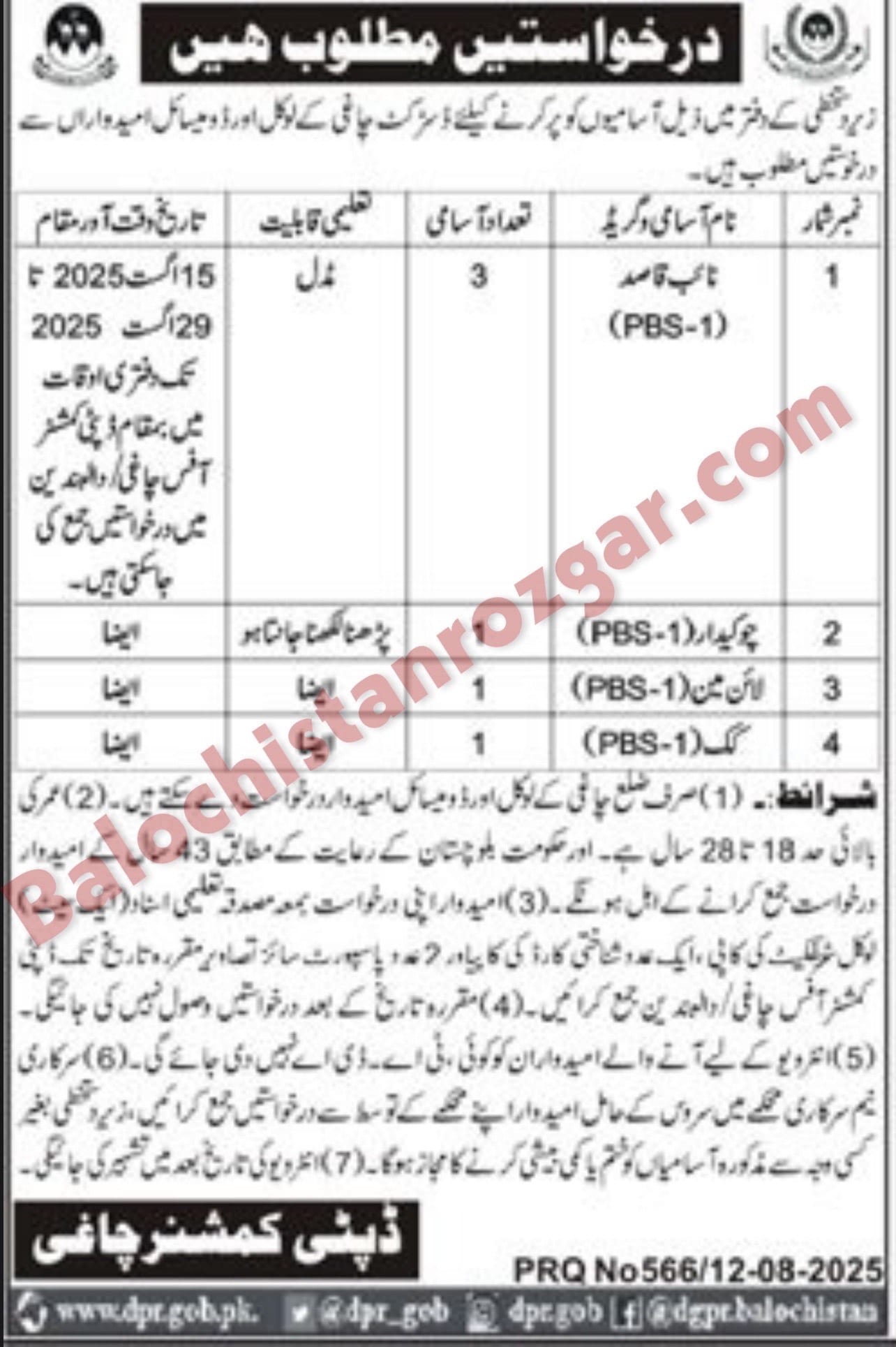 Deputy Commissioner DC Office Chaghi Revenue Jobs 2025