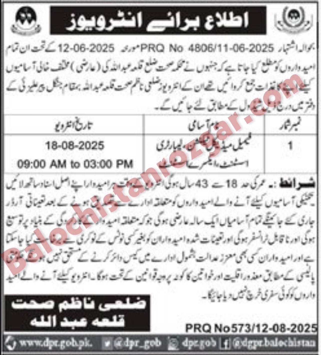 Deputy Commissioner DC Office Chaghi Revenue Jobs 2025