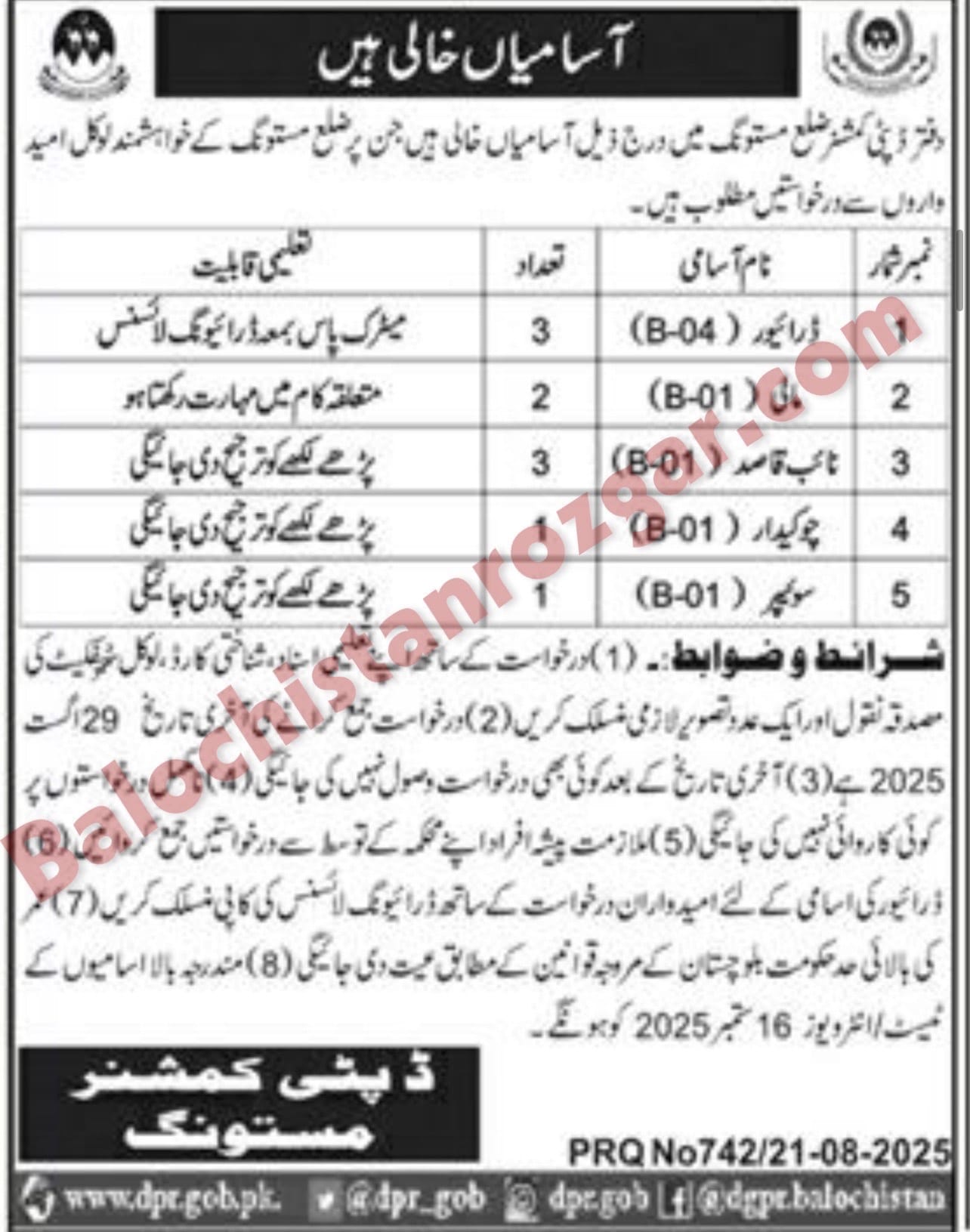 Deputy Commissioner DC Office Revenue Mastung Jobs 2025