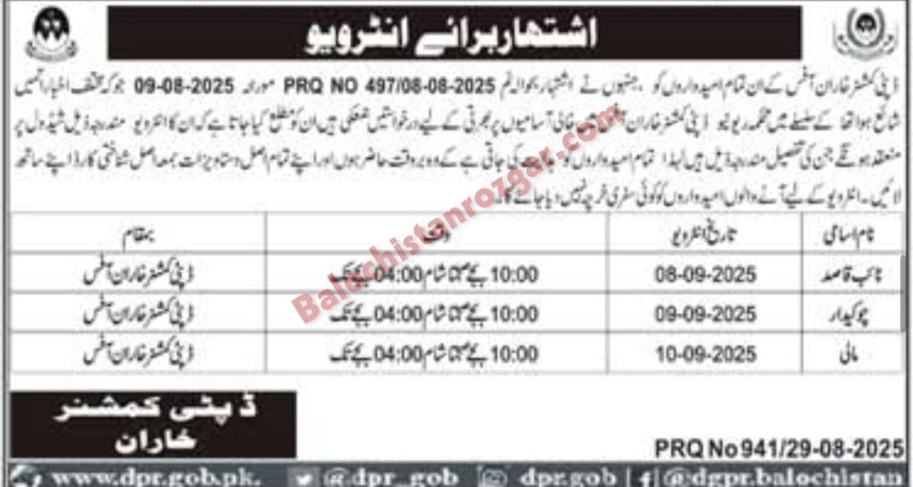 Deputy Commissioner Revenue Department Kharan Jobs Interview 2025