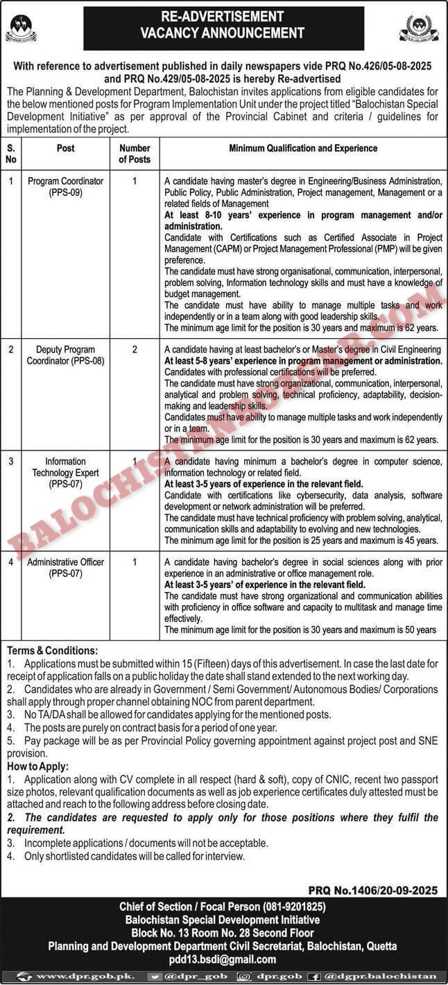 Planning and Development Department Balochistan Jobs 2025