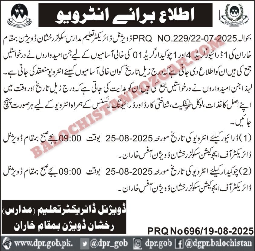School Education Department Rakshan Division Driver Chowkidar Jobs Interview 2025