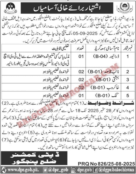 Deputy Commissioner DC Office Revenue Panjgur Jobs 2025