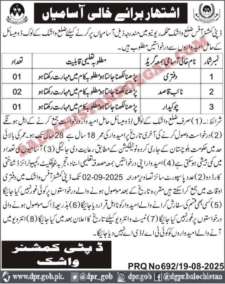 Deputy Commissioner office DC Revenue Washuk Jobs 2025