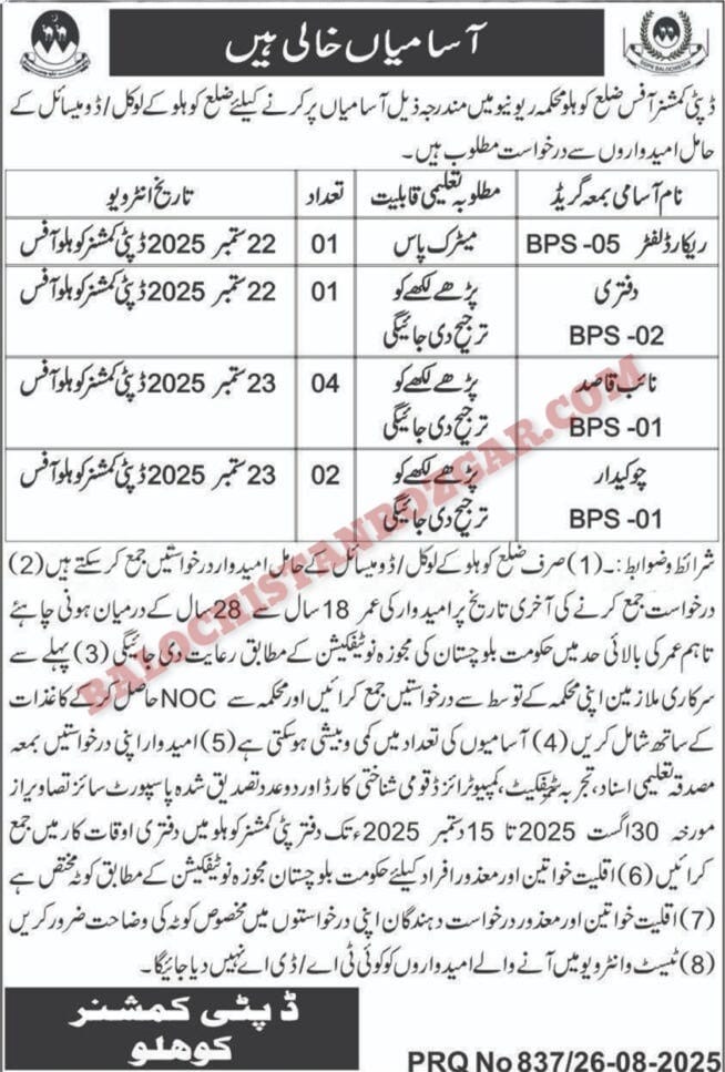 Deputy Commissioner Office Revenue Kohlu Jobs 2025