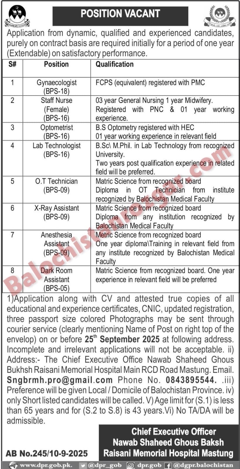 Nawab Shaheed Ghaus Bakhsh Raisani Memorial Hospital Mastung Jobs 2025