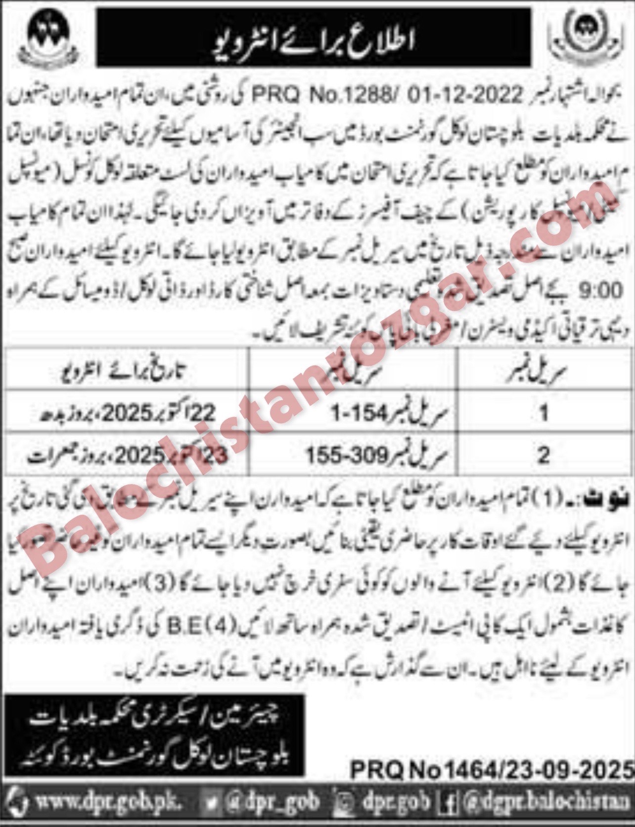 Local Government Department Balochistan Jobs Interview 2025