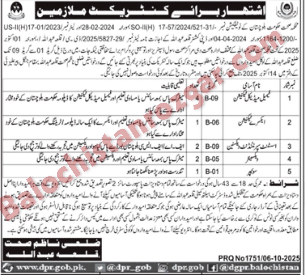 Health Department Qilla Abdullah Jobs 2025