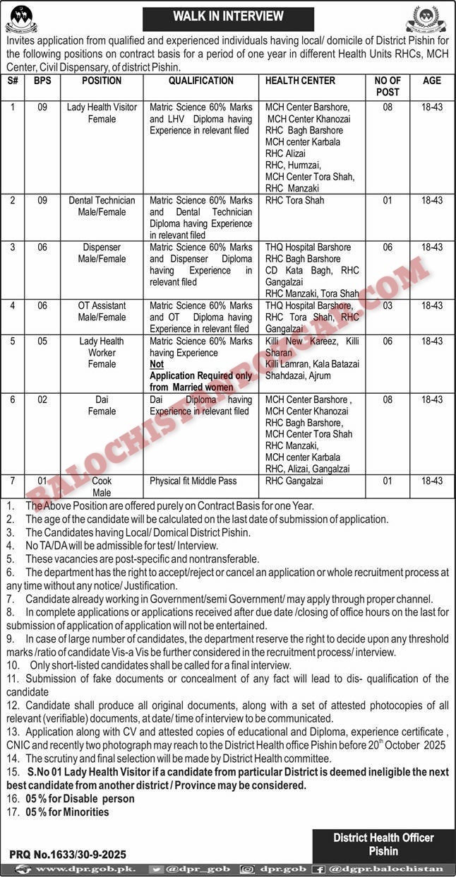 Health Department Pishin Jobs 2025