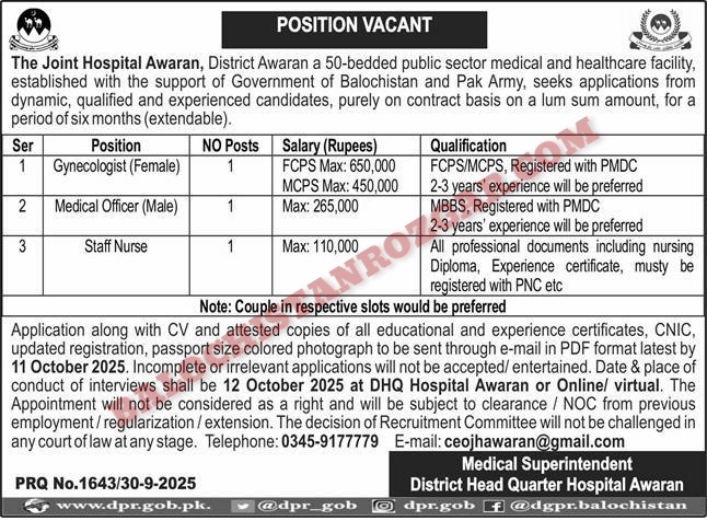 Joint Hospital Awaran Jobs 2025