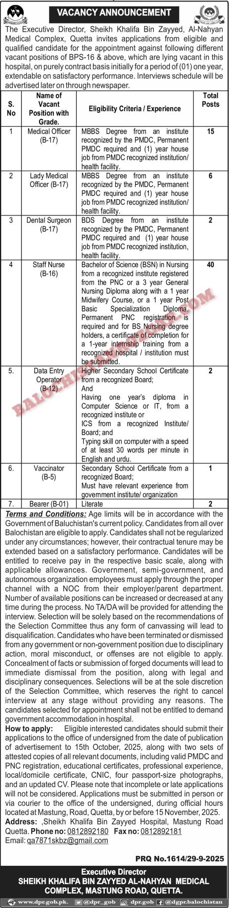 Sheikh Khalifa Bin Zayed Al Nahyan Medical Complex Quetta Jobs 2025